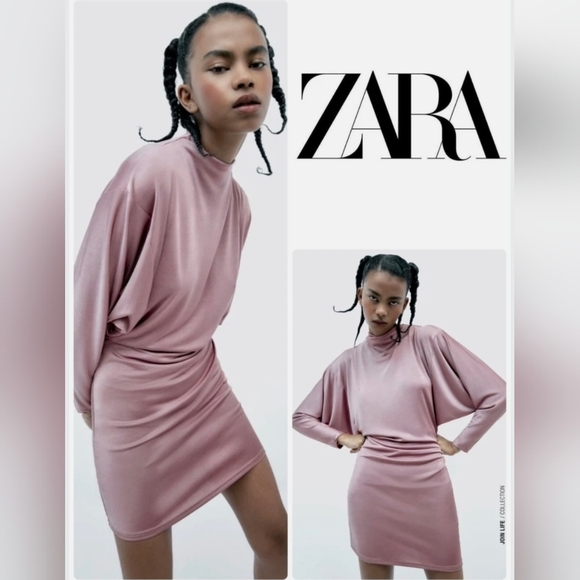 Zara Mauve Pink Slinky Ruched Bodycon Dress Mini with Dolman Sleeves Size S - Picture 2 of 13